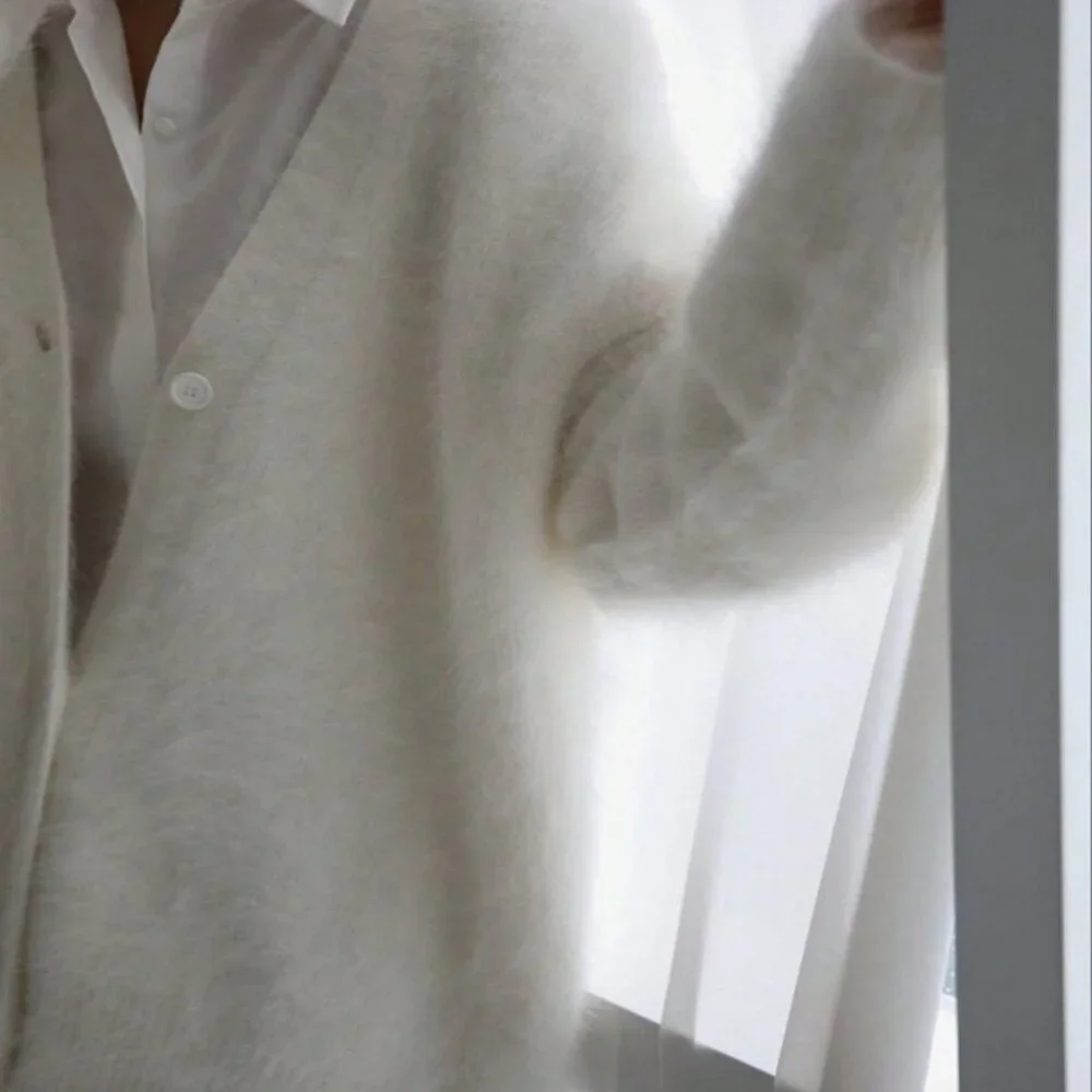 White Elegant Women's Drop Shoulder Faux Fur Cardigan